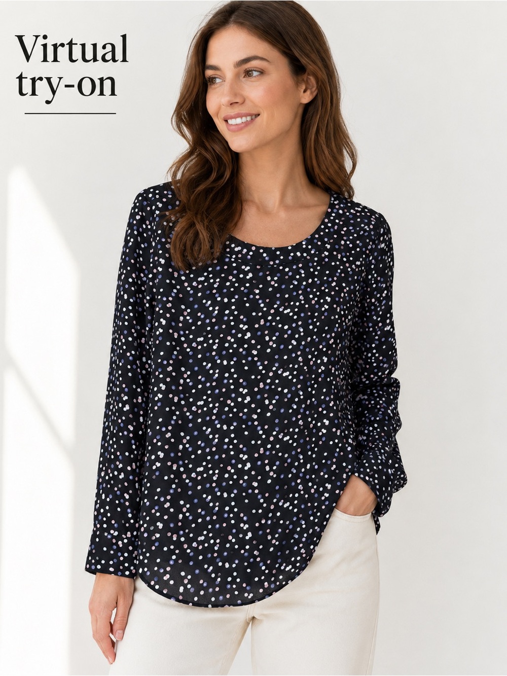 Banana Republic Black Polka Dot Long-Sleeve Scoop Neck Top Size M
